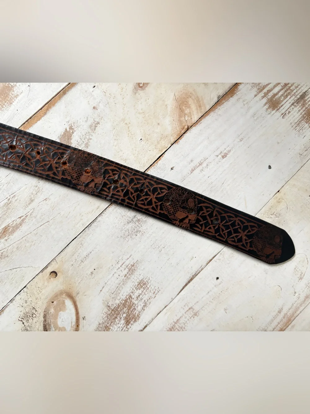 Unique brown black tooled leather belt Celtic knots skulls biker goth men’s 48